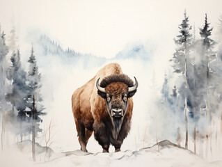 A Minimal Watercolor of a Bison in a Winter Setting