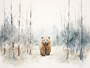 A Minimal Watercolor of a Bear in a Winter Setting