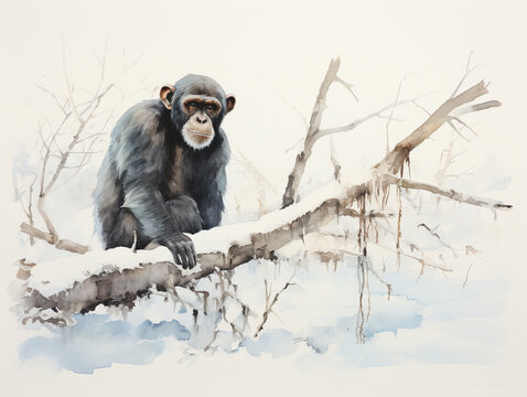 A Minimal Watercolor of a Chimpanzee in a Winter Setting