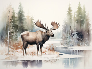 A Minimal Watercolor of a Moose in a Winter Setting
