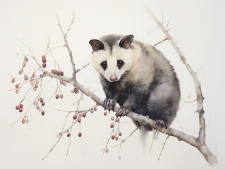 Obraz premium A Minimal Watercolor of a Opossum in a Winter Setting