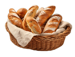 Basket with Freshly Baked Bread Isolated on Transparent or White Background, PNG
