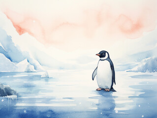 Fototapeta premium A Minimal Watercolor of a Penguin in a Winter Setting