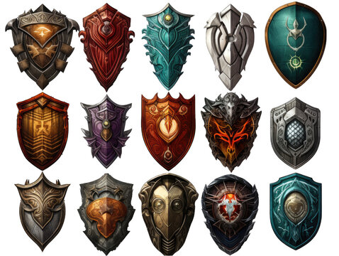 Fantasy Shields Collection Isolated on Transparent or White Background, PNG