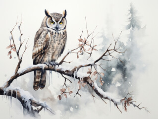 A Minimal Watercolor of an Owl in a Winter Setting