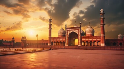 Majestic Lahore: Badshahi Mosque Glows at Dusk with Fiery Sky Tints