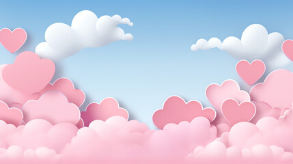Abstract pink sky and paper cut clouds with copy space for happy valentines day background