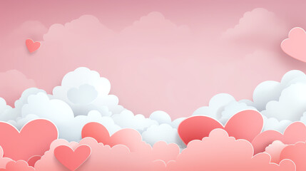 Abstract pink sky and paper cut clouds with copy space for happy valentines day background