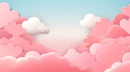 Abstract pink sky and paper cut clouds with copy space for happy valentines day background