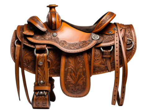 Leather Horse Saddle Crafted from Leather Isolated on Transparent or White Background, PNG