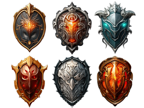 Collection of Fantasy Shields Isolated on Transparent or White Background, PNG