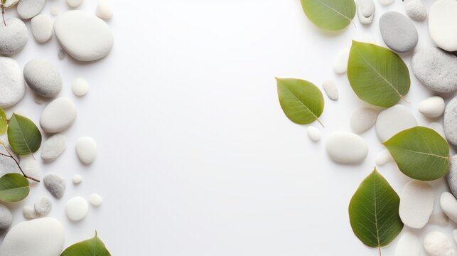 A white background with a border of pebbles and leaves. This image creates a simple and elegant design with natural elements. The pebbles and leaves are arranged in a circular pattern