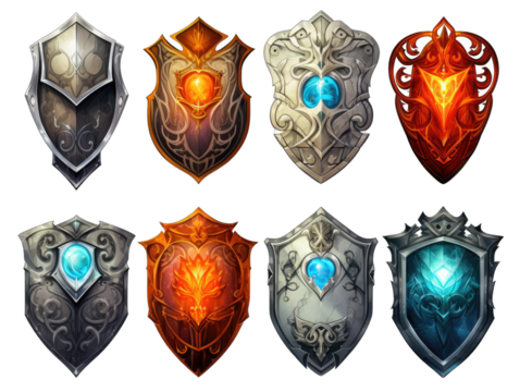 Collection of Fantasy Shields Isolated on Transparent or White Background, PNG