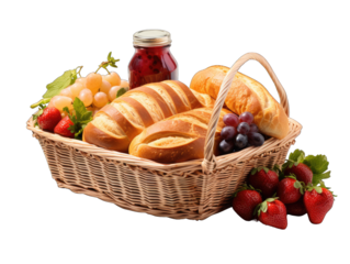 Picnic Basket Filled with Various Foods Isolated on Transparent or White Background, PNG