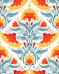 Vector contrast decorative seamless pattern with floral ornament. Folk art texture with traditional symmetrical red flowers and stems with foliage