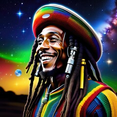 Guy listens to Reggae music under the stars,