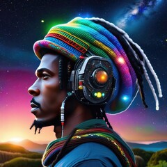 Guy listens to Reggae music under the stars,