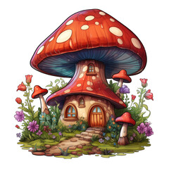Adorable Cartoon-Style Mushroom House Isolated on Transparent or White Background, PNG