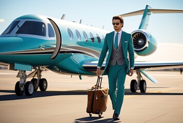 Smiling businessman with private plane
