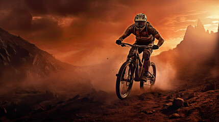 Obraz premium mountain biker in the dust at the sunset