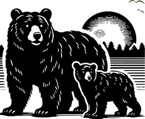 自然豊かな台地を歩く熊の親子のシンプルイラスト