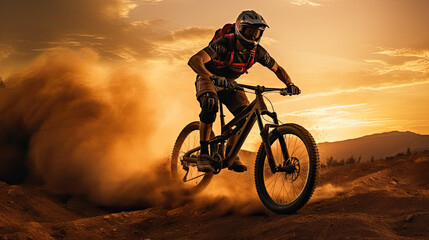 mountain biker in the dust at the sunset