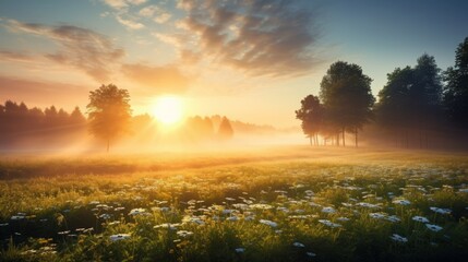 Early morning in a scenic field, where the sun's radiant beams pierce through the mist and trees, casting vibrant rays of light onto the hazy meadow. 