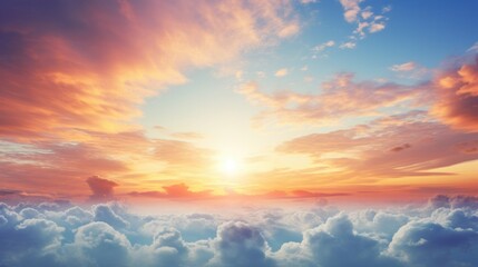 The morning sky at sunrise painted in vibrant yellow and orange hues, contrasting with the serene blue and white clouds, creating a golden summer sky background