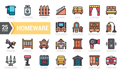 Set Of Homeware. Lineal Colour Icons Pack. Vector Illustration.