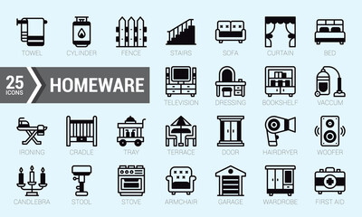 Set Of Homeware. Lineal Filled Icons Pack. Vector Illustration.