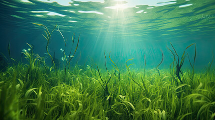 Fototapeta na wymiar green grass and water, Underwater view of a group of seabed with green seagrass