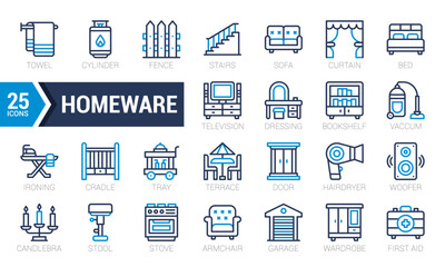 Set Of Homeware. Dual Tone Blue Icons Pack. Vector Illustration.