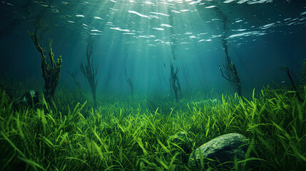 green grass and water, Underwater view of a group of seabed with green seagrass