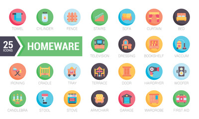 Set Of Homeware. Circle Flat Icons Pack. Vector Illustration.
