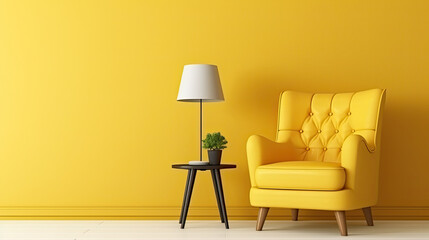 modern living interior with armchair and coffee table with lamp on yellow wall background, copy space