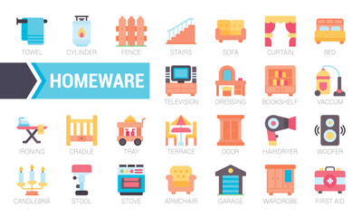 Set Of Homeware. Flat Icons Pack. Vector Illustration.