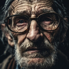Generated by artificial intelligence. Face of sad old tramp in shabby clothes.