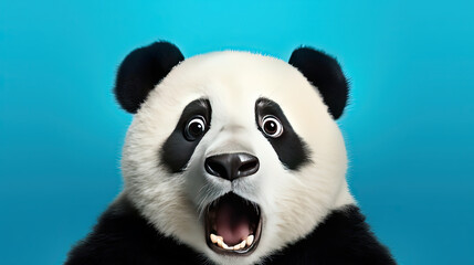 Shocked panda with big eyes isolated on blue background, funny animal expression