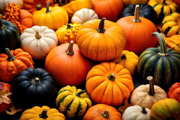 pumpkins and gourds at a market, autumn, generative ai