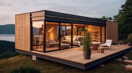 Modular wooden house on wheels with flat roof and big windows all around. Modern and elegant style, with an outdoor living area, minimalist style Generative Ai