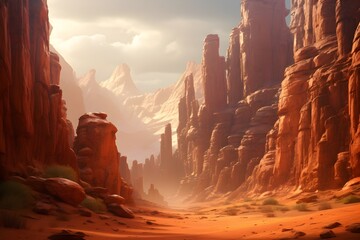 A majestic desert canyon bathed in sunlight.
 - obrazy, fototapety, plakaty