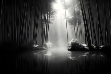 A tranquil bamboo forest in monochrome.
