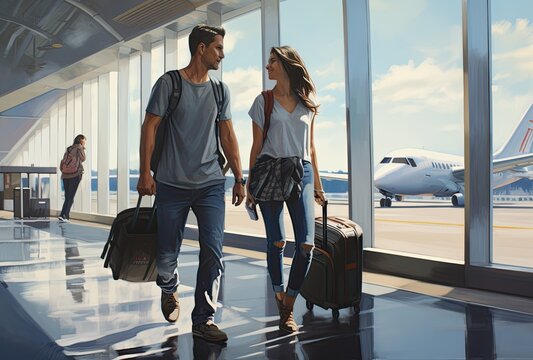 Romantic Couple Walking For Flight In Airport Terminal