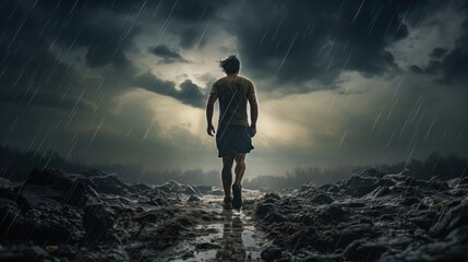 The runner pushes forward, braving the oncoming storm - obrazy, fototapety, plakaty