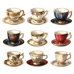 Antique Porcelain Tea Cups Isolated on Transparent or White Background, PNG - obrazy, fototapety, plakaty