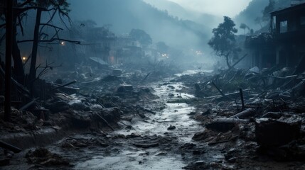 Typhoon rages, leaving behind a trail of ruins - obrazy, fototapety, plakaty