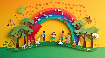 cute school kids playing with rainbow paper cut illustration