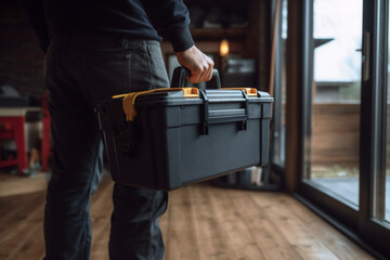 Close-up on an electrician carrying a toolbox while working at a house - domestic life concept - obrazy, fototapety, plakaty