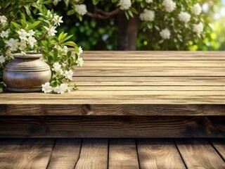 A peaceful green forest with organic flora and empty table

