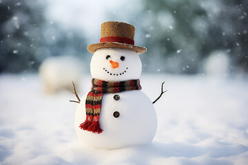 Obraz premium Snowman in winter with blurred background